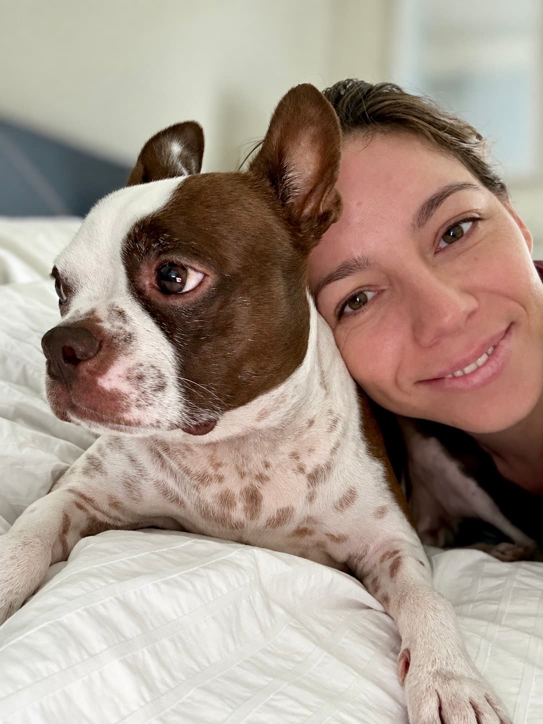Smiling woman rests her head against a brown and white Boston Terrier on white bedding.
