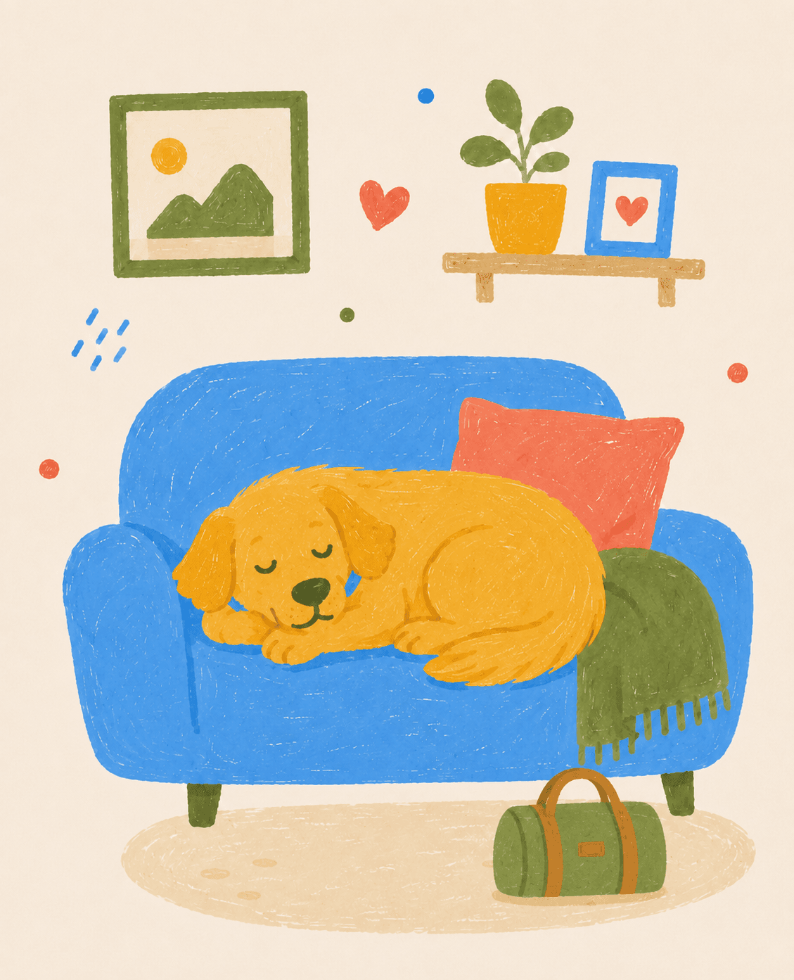 Golden retriever sleeping on a blue armchair with a red pillow and green blanket.