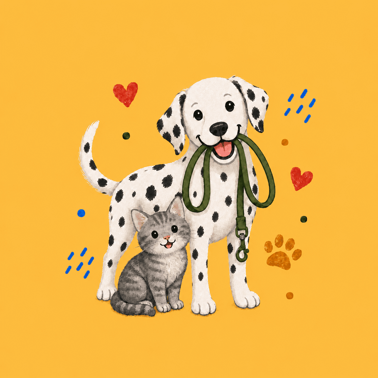 Smiling Dalmatian holding a green leash in its mouth beside a small grey kitten.